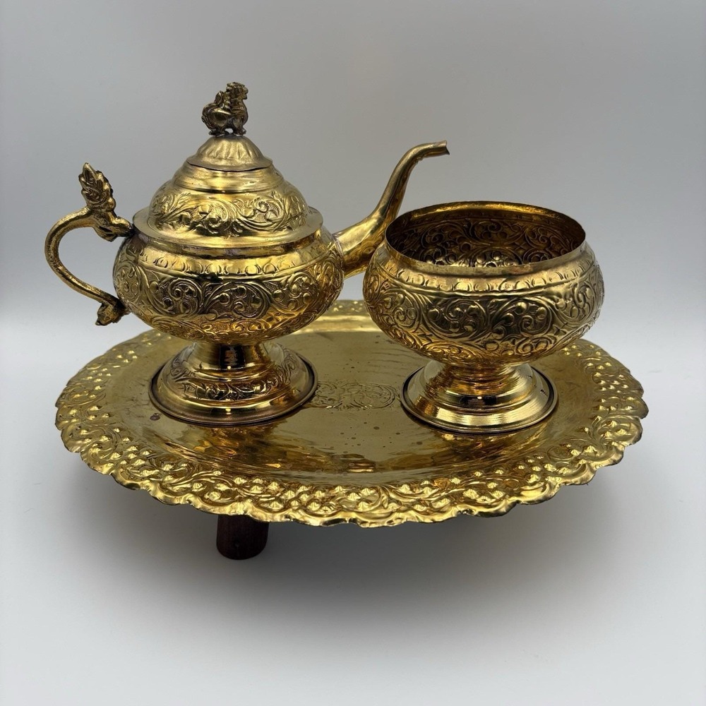 Handmade Burma Gold Metal Ornate Teapot Water Bowl Traditional Ceremony Vintage